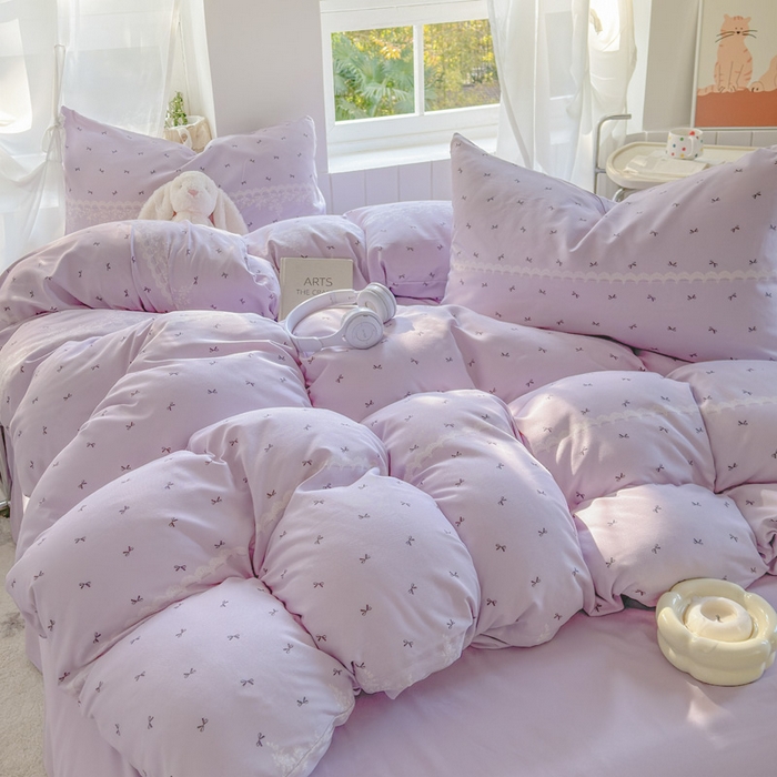 91家纺网 家纺一手货源 找家纺 玉海棠家纺 2025新款针织双层纱四件套 蕾丝蝴蝶紫