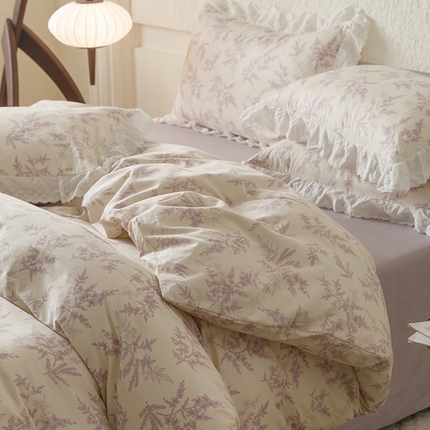 91家纺网 家纺一手货源 找家纺 2025新款【假日花园】全棉蕾丝花边四件套榛叶与花