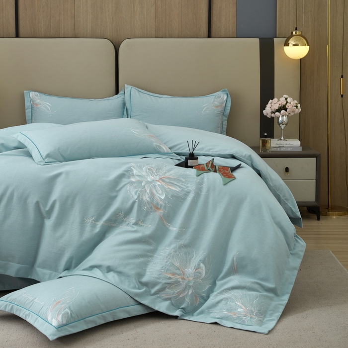 91家纺网 家纺一手货源 找家纺 雲归梦 2025新款全棉加厚磨毛绣花宽边工艺四件套-叶语情深 叶语情深-兰绿