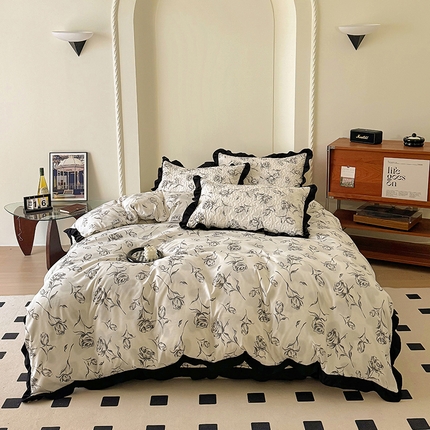 91家纺网 家纺一手货源 找家纺 美梦家纺 2025新款法式赫本风水洗棉床盖四件套系列 赫本风·玫瑰花园