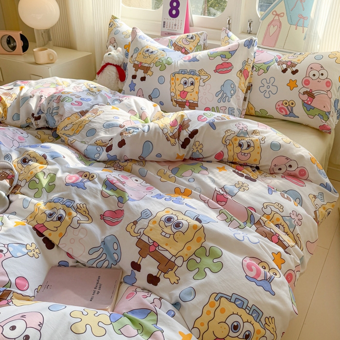 91家纺网 家纺一手货源 找家纺 温眠 2025新款亲肤柔软卡通印花水洗棉四件套 海绵伙伴