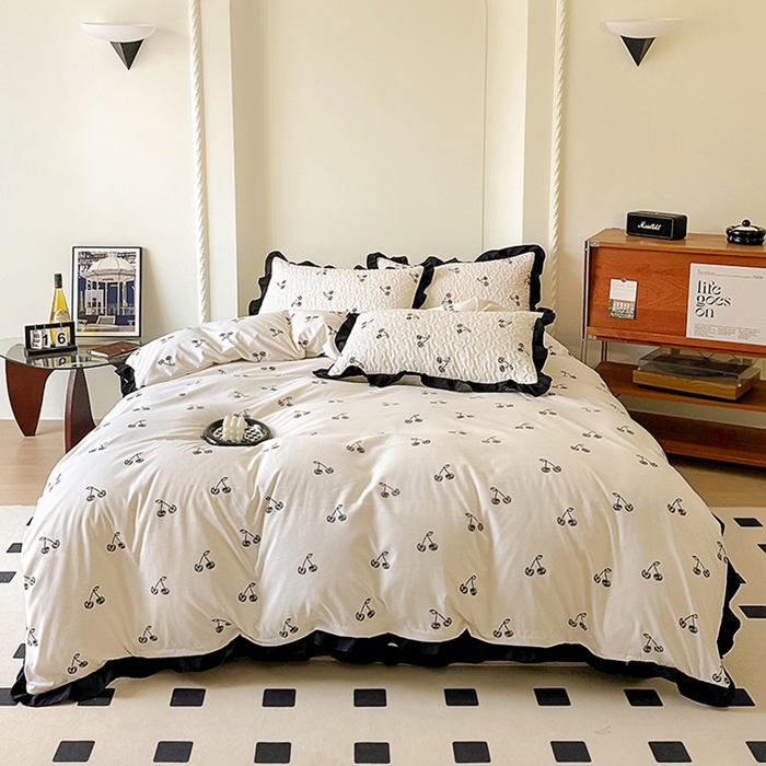 91家纺网 家纺一手货源 找家纺 美梦家纺 2025新款法式赫本风水洗棉床盖四件套系列 赫本风·樱桃