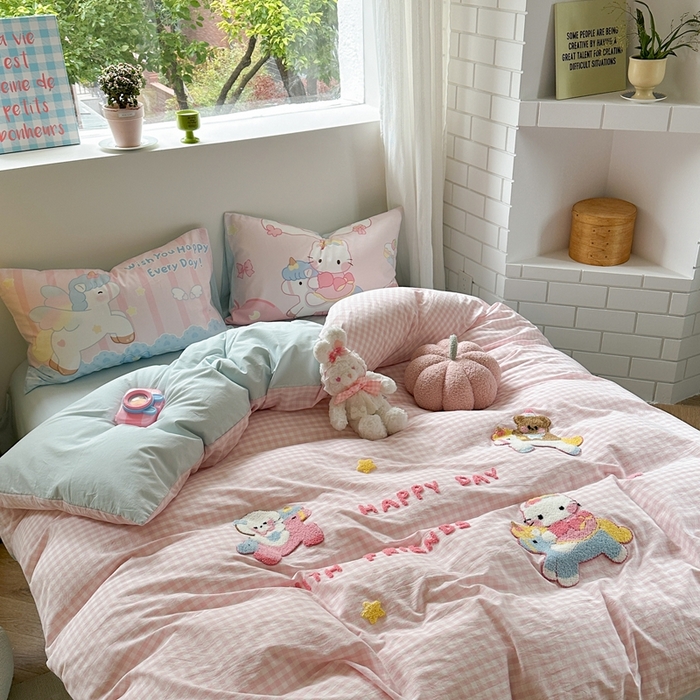 91家纺网 家纺一手货源 找家纺 柚子YOUTH 2025新款水洗棉条格毛巾绣四件套 木马kitty