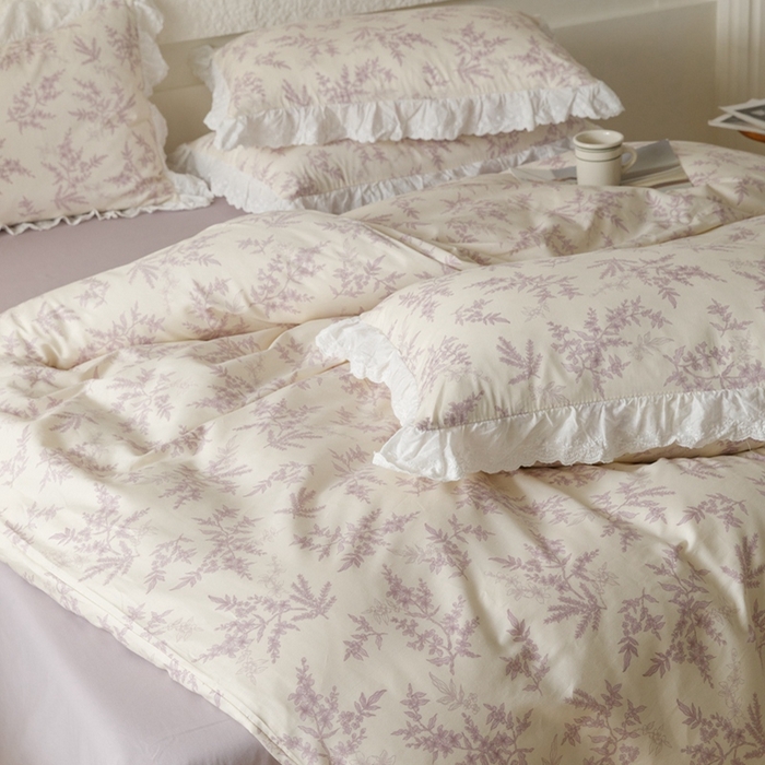 91家纺网 家纺一手货源 找家纺 2025新款【假日花园】全棉蕾丝花边四件套榛叶与花