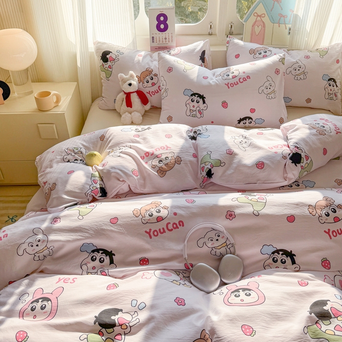 91家纺网 家纺一手货源 找家纺 温眠 2025新款亲肤柔软卡通印花水洗棉四件套 调皮小新