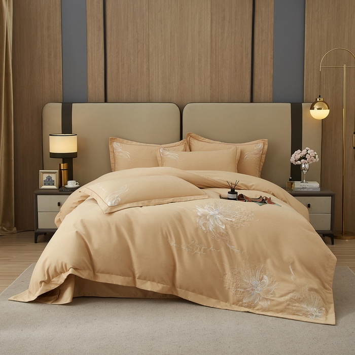 91家纺网 家纺一手货源 找家纺 雲归梦 2025新款全棉加厚磨毛绣花宽边工艺四件套-叶语情深 叶语情深-棕