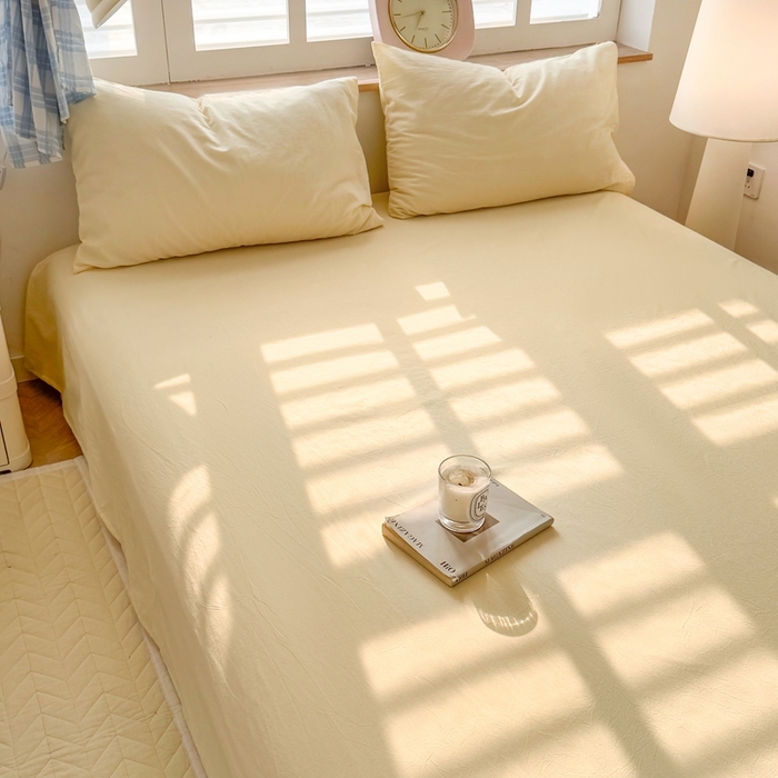 91家纺网 家纺一手货源 找家纺 温眠 2025新款A类全棉色织水洗棉床单 米黄