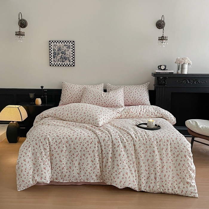 91家纺网 家纺一手货源 找家纺 仟网汇 2025新款小清新有氧针织棉双层纱系列四件套 勿忘我