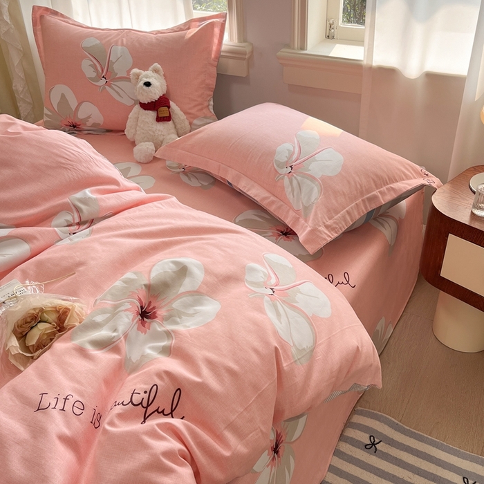 91家纺网 家纺一手货源 找家纺 菲梵家纺 2025新款小清新喷气印花全棉单品被套 幸福朵朵