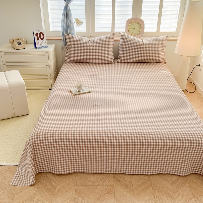 91家纺网 家纺一手货源 找家纺 温眠 2025新款A类全棉色织水洗棉床单 咖小格