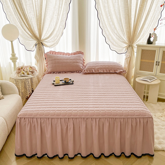 91家纺网 家纺一手货源 找家纺 笠裙家纺 2025新款防水款A类原棉水洗棉夹大豆棉加厚床裙-爱格系列 爱格-豆沙