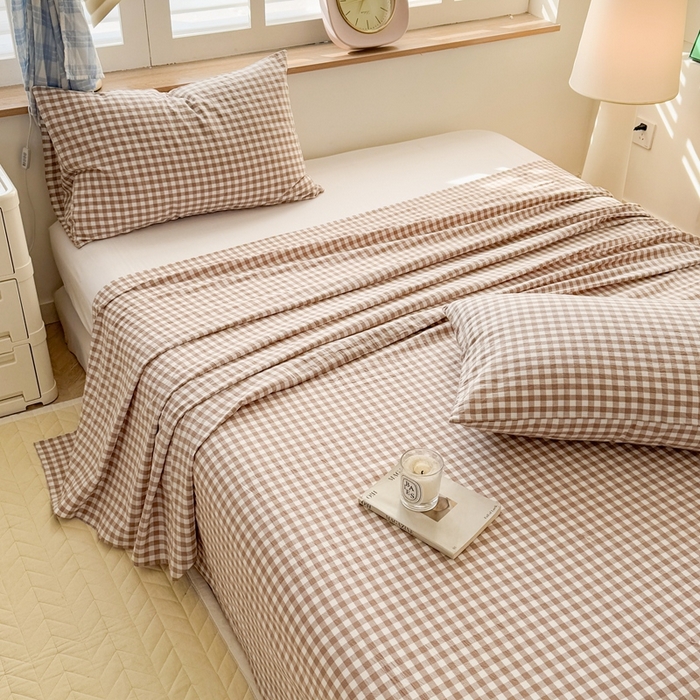 91家纺网 家纺一手货源 找家纺 温眠 2025新款A类全棉色织水洗棉床单 咖小格