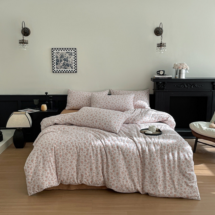 91家纺网 家纺一手货源 找家纺 仟网汇 2025新款小清新有氧针织棉双层纱系列四件套 微拉