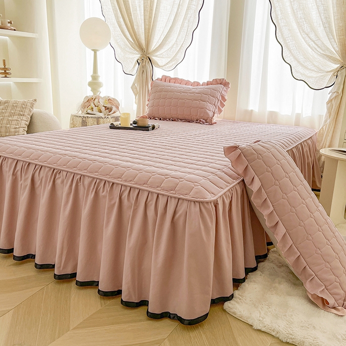 91家纺网 家纺一手货源 找家纺 笠裙家纺 2025新款防水款A类原棉水洗棉夹大豆棉加厚床裙-爱格系列 爱格-豆沙