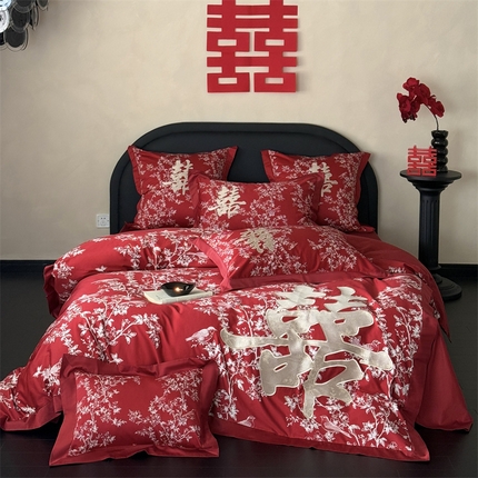 91家纺网 家纺一手货源 找家纺 江涞 2025新款100长绒棉数码印花+刺绣四件套-合欢 合欢-红