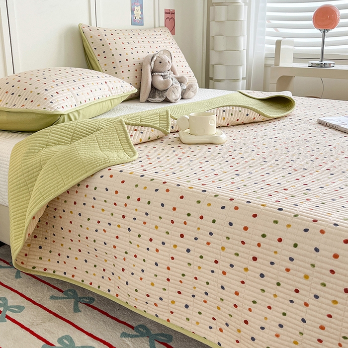 91家纺网 家纺一手货源 找家纺 沐纯家居  2025新款40支双面纯棉印花床盖三件套 波点多多