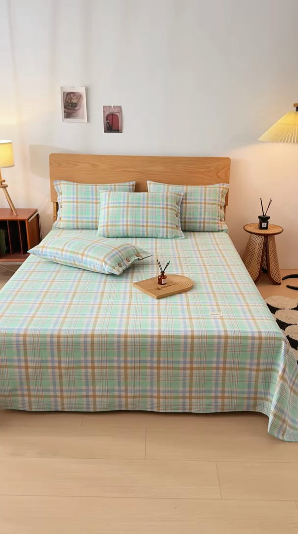 91家纺网 家纺一手货源 找家纺 仟网汇 2025新款无印纽扣原棉老粗布三件套 清爽绿