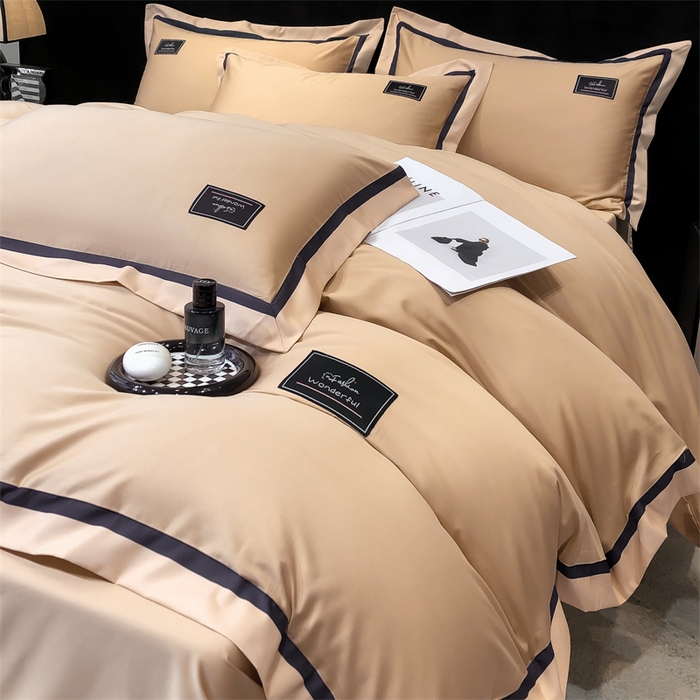 91家纺网 家纺一手货源 找家纺 金喜 2025新款40S纯棉四件套全棉宽边拼角贴布绣四件套 香槟棕