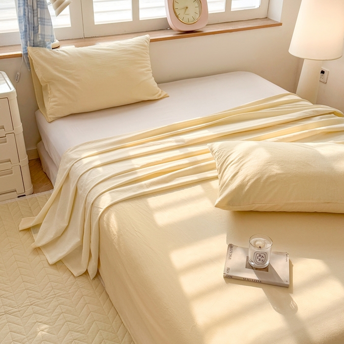 91家纺网 家纺一手货源 找家纺 温眠 2025新款A类全棉色织水洗棉床单 米黄