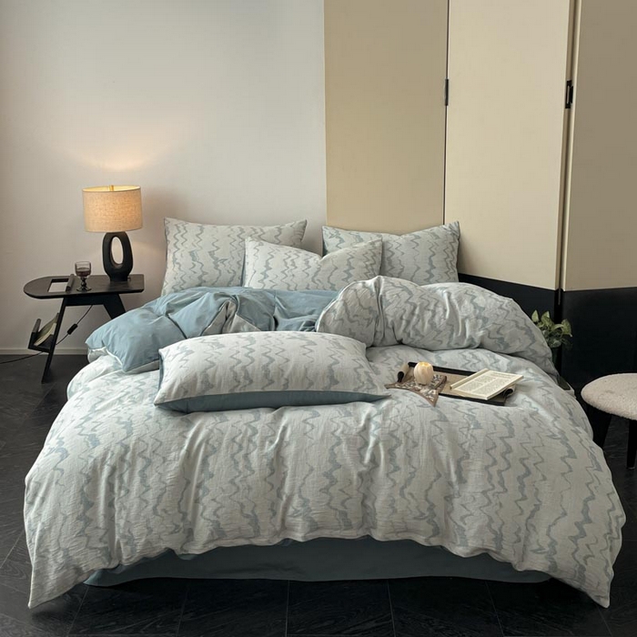 91家纺网 家纺一手货源 找家纺 ab家纺 2025新款全棉三层纱小提花四件套 素影-兰