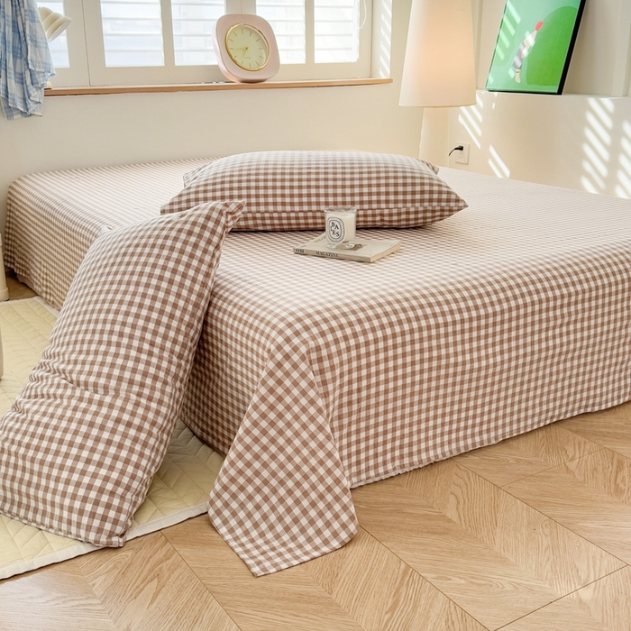 91家纺网 家纺一手货源 找家纺 温眠 2025新款A类全棉色织水洗棉床单 咖小格