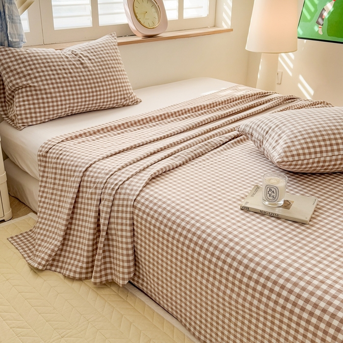 91家纺网 家纺一手货源 找家纺 温眠 2025新款A类全棉色织水洗棉床单 咖小格