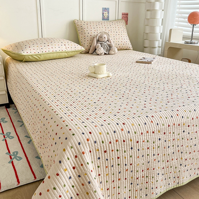 91家纺网 家纺一手货源 找家纺 沐纯家居  2025新款40支双面纯棉印花床盖三件套 波点多多