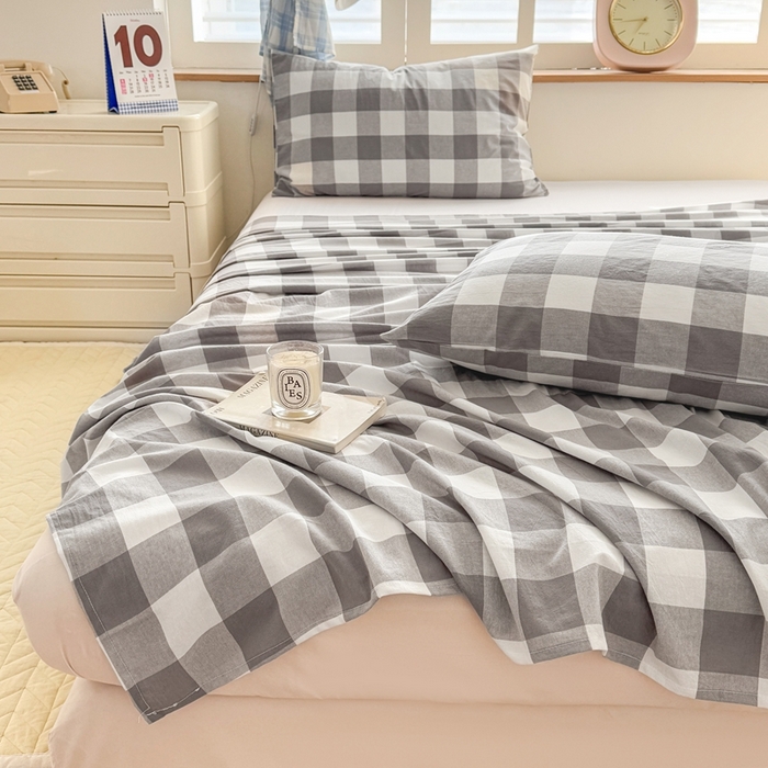 91家纺网 家纺一手货源 找家纺 温眠 2025新款A类全棉色织水洗棉床单 灰中格