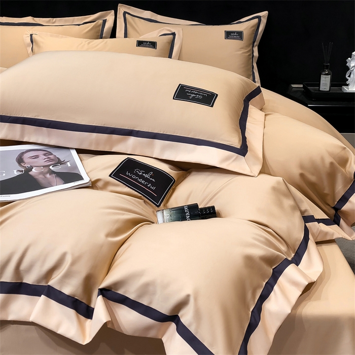 91家纺网 家纺一手货源 找家纺 金喜 2025新款40S纯棉四件套全棉宽边拼角贴布绣四件套 香槟棕