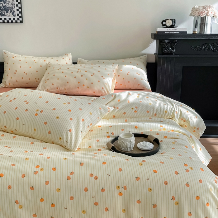 91家纺网 家纺一手货源 找家纺 仟网汇 2025新款小清新有氧针织棉双层纱系列四件套 小南瓜