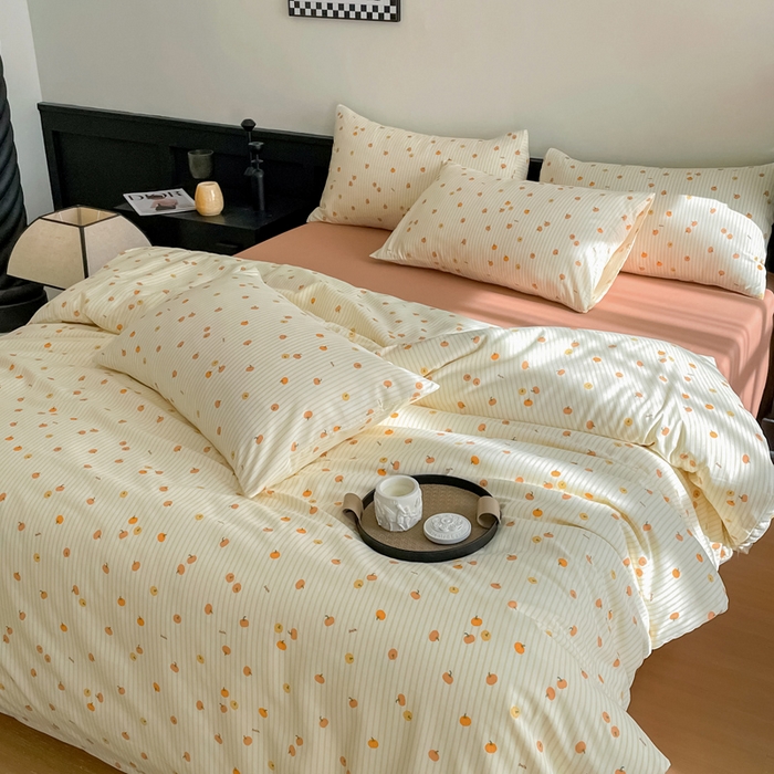 91家纺网 家纺一手货源 找家纺 仟网汇 2025新款小清新有氧针织棉双层纱系列四件套 小南瓜