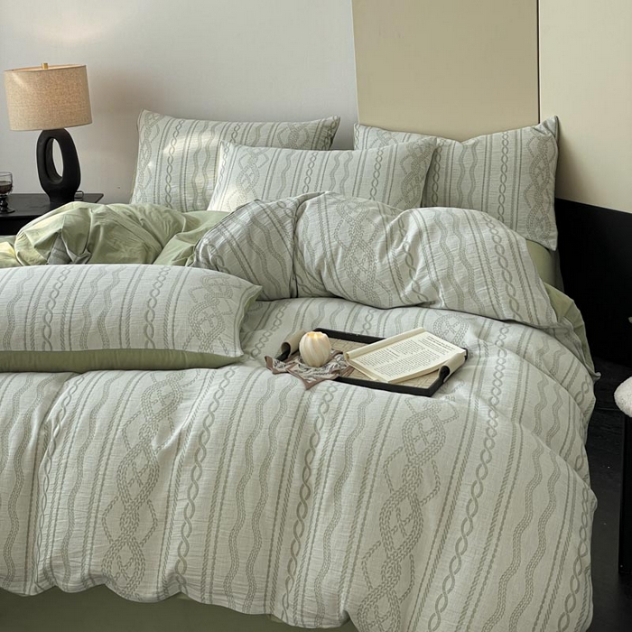 91家纺网 家纺一手货源 找家纺 ab家纺 2025新款全棉三层纱小提花四件套 暖阳-浅绿