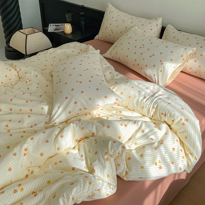 91家纺网 家纺一手货源 找家纺 仟网汇 2025新款小清新有氧针织棉双层纱系列四件套 小南瓜