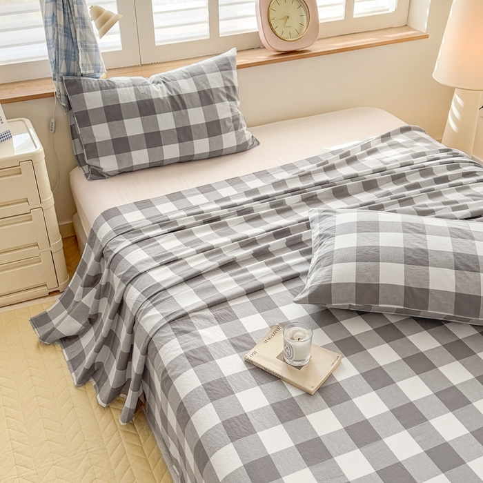 91家纺网 家纺一手货源 找家纺 温眠 2025新款A类全棉色织水洗棉床单 灰中格