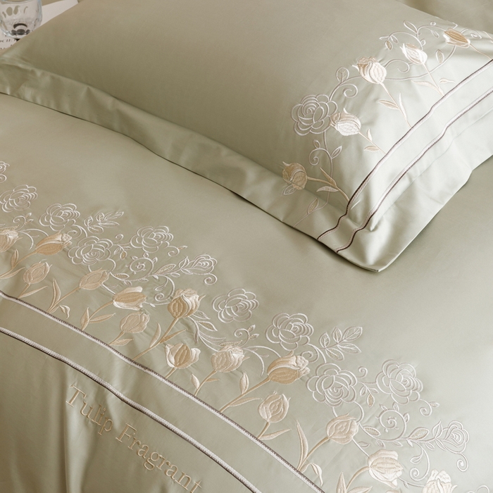 91家纺网 家纺一手货源 找家纺 艾莱家纺 2025新款A类100支长绒棉纯棉四件套-郁金香 郁金香-薄荷绿