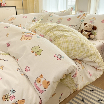 91家纺网 家纺一手货源 找家纺 菲梵家纺 2025新款小清新喷气印花全棉单品被套 可爱猫咪