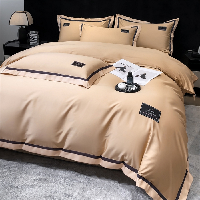 91家纺网 家纺一手货源 找家纺 金喜 2025新款40S纯棉四件套全棉宽边拼角贴布绣四件套 香槟棕