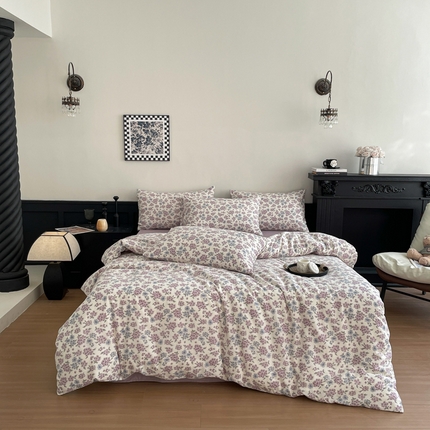 91家纺网 家纺一手货源 找家纺 仟网汇 2025新款小清新有氧针织棉双层纱系列四件套 紫藤花开