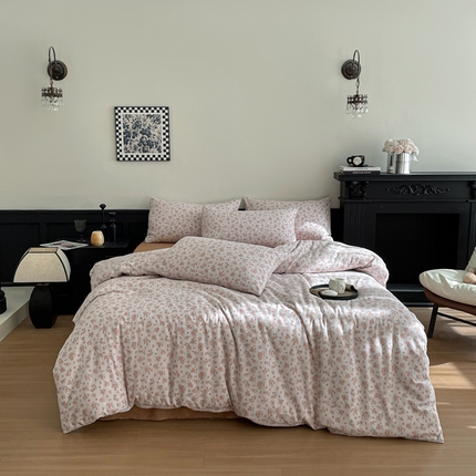 91家纺网 家纺一手货源 找家纺 仟网汇 2025新款小清新有氧针织棉双层纱系列四件套 微拉