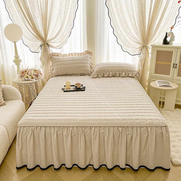 91家纺网 家纺一手货源 找家纺 笠裙家纺 2025新款防水款A类原棉水洗棉夹大豆棉加厚床裙-爱格系列 爱格-浅咖