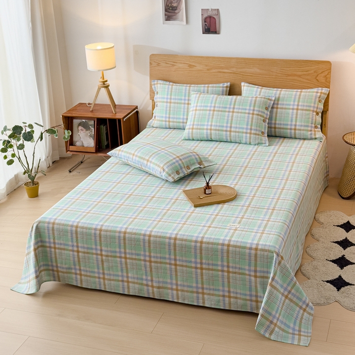 91家纺网 家纺一手货源 找家纺 仟网汇 2025新款无印纽扣原棉老粗布三件套 清爽绿