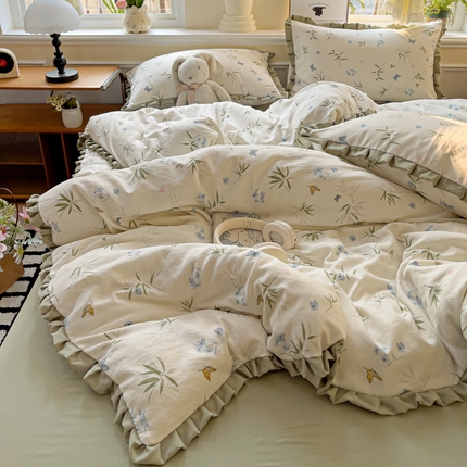 91家纺网 家纺一手货源 找家纺 尤米 2025新款高克重针织双层纱花边款四件套 花边款-清梦