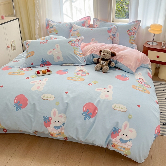 91家纺网 家纺一手货源 找家纺 菲梵家纺 2025新款小清新喷气印花全棉单品被套 萌兔日记