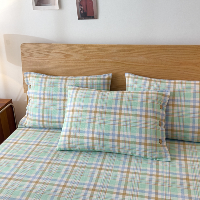 91家纺网 家纺一手货源 找家纺 仟网汇 2025新款无印纽扣原棉老粗布三件套 清爽绿