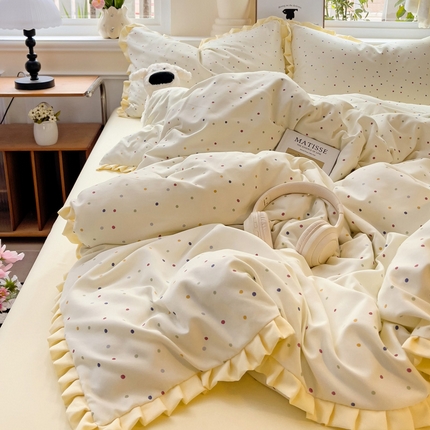 91家纺网 家纺一手货源 找家纺 尤米 2025新款高克重针织双层纱花边款四件套 花边款-彩啵啵