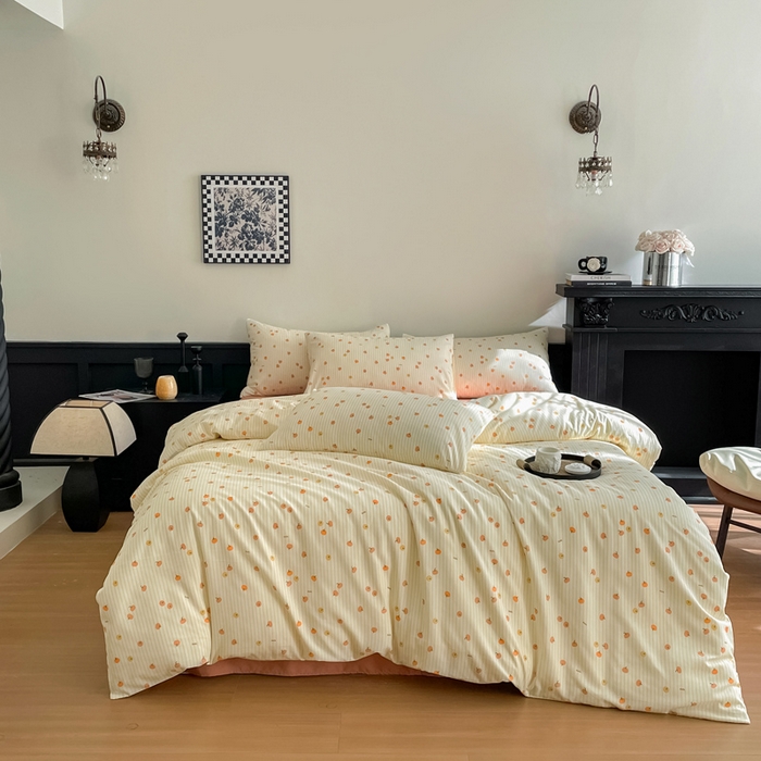 91家纺网 家纺一手货源 找家纺 仟网汇 2025新款小清新有氧针织棉双层纱系列四件套 小南瓜