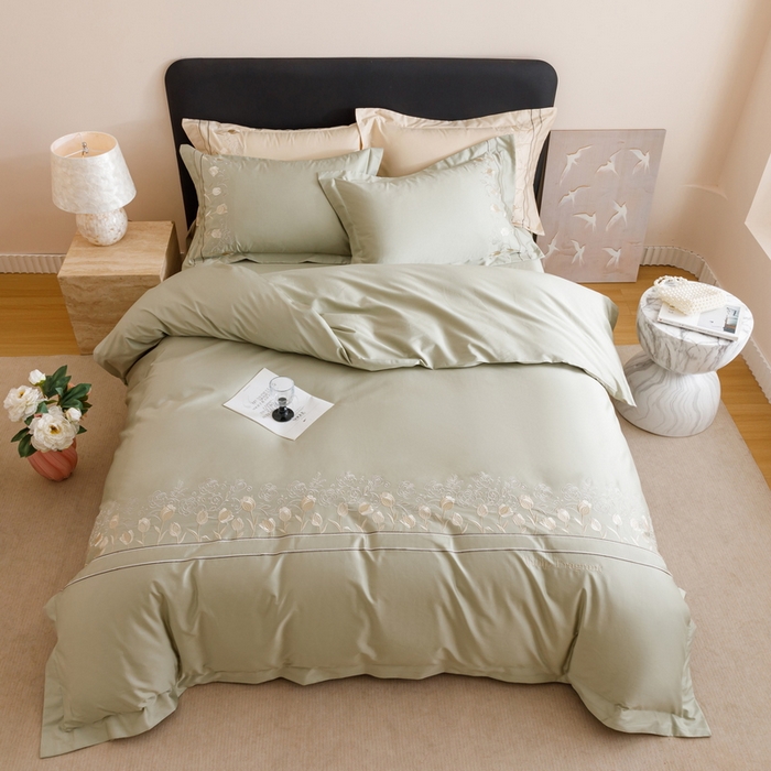 91家纺网 家纺一手货源 找家纺 艾莱家纺 2025新款A类100支长绒棉纯棉四件套-郁金香 郁金香-薄荷绿