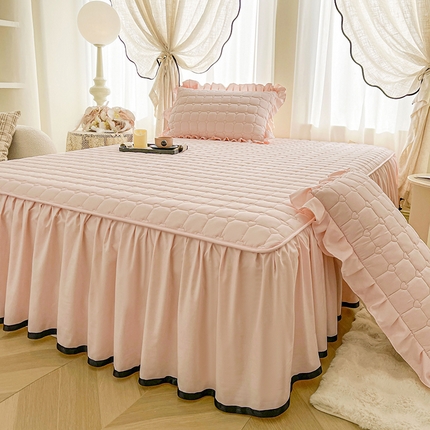 笠裙家纺 2025新款防水款A类原棉水洗棉夹大豆棉加厚床裙-爱格系列 爱格-玫瑰粉