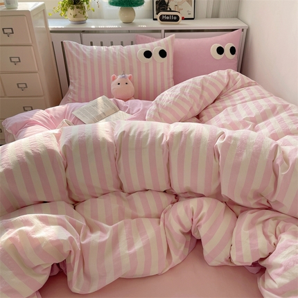 91家纺网 家纺一手货源 找家纺 丽涵家纺 2025新品全棉多巴胺混搭水洗棉毛巾绣四件套 ins混搭2-宽条粉