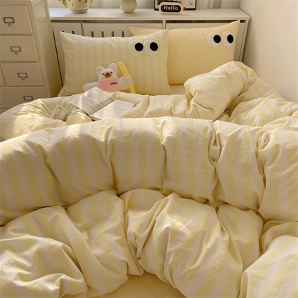 91家纺网 家纺一手货源 找家纺 丽涵家纺 2025新品全棉多巴胺混搭水洗棉毛巾绣四件套 ins混搭-宽条黄